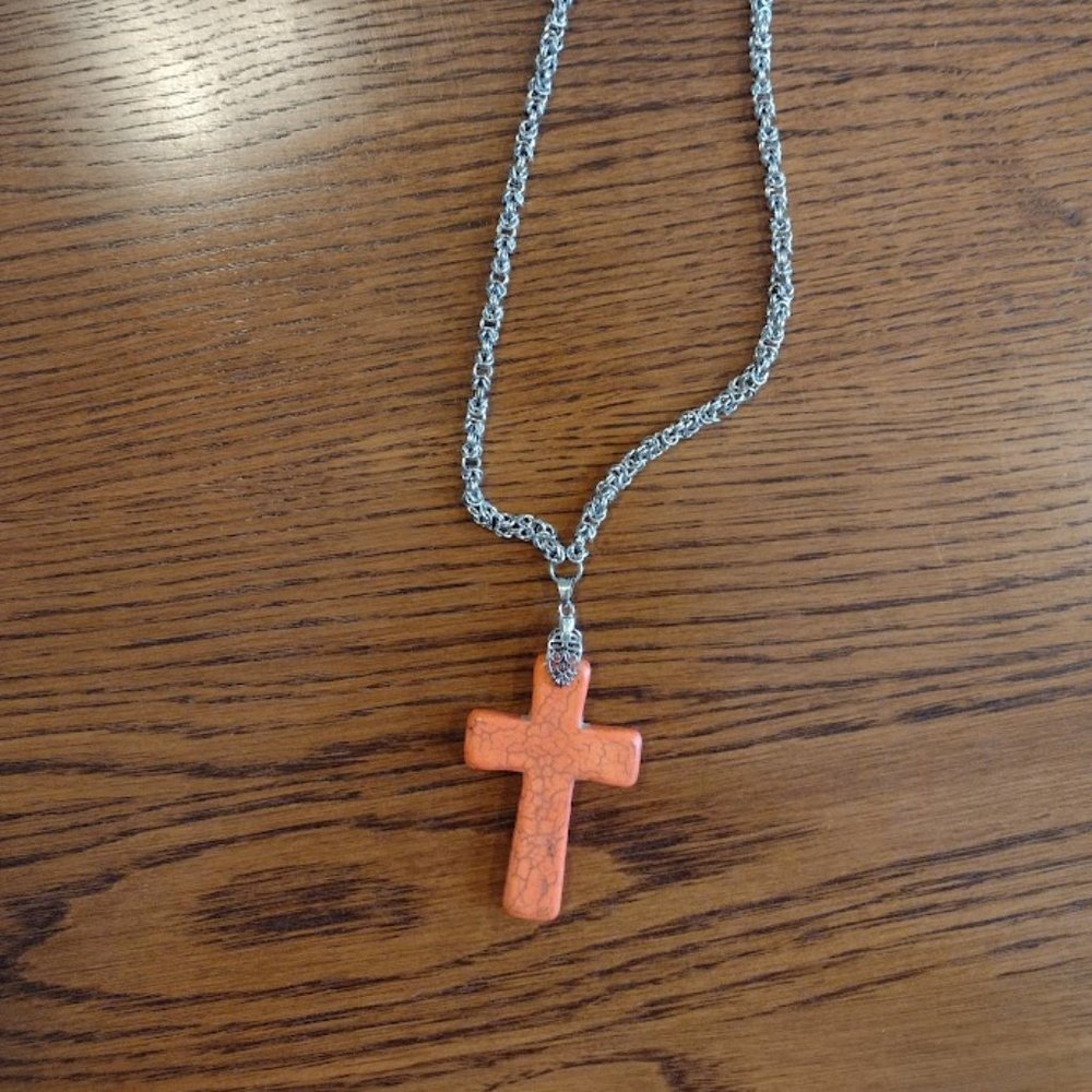 Handmade byzantine necklace with orange cross pendent